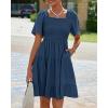 imageBTFBM Womens Summer Smocked Mini Dress Spring Square Neck Flutter Sleeve Casual Ruffle Swing Boho Beach Dresses PocketsDark Blue