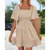 imageBTFBM Womens Summer Smocked Mini Dress Spring Square Neck Flutter Sleeve Casual Ruffle Swing Boho Beach Dresses PocketsKhaki