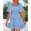 imageBTFBM Womens Summer Smocked Mini Dress Spring Square Neck Flutter Sleeve Casual Ruffle Swing Boho Beach Dresses PocketsLight Blue