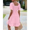 imageBTFBM Womens Summer Smocked Mini Dress Spring Square Neck Flutter Sleeve Casual Ruffle Swing Boho Beach Dresses PocketsPink