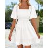 imageBTFBM Womens Summer Smocked Mini Dress Spring Square Neck Flutter Sleeve Casual Ruffle Swing Boho Beach Dresses PocketsWhite