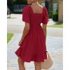 imageBTFBM Womens Summer Smocked Mini Dress Spring Square Neck Flutter Sleeve Casual Ruffle Swing Boho Beach Dresses PocketsWine Red