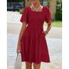 imageBTFBM Womens Summer Smocked Mini Dress Spring Square Neck Flutter Sleeve Casual Ruffle Swing Boho Beach Dresses PocketsWine Red