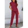 imageBTFBM Womens Two Piece Tracksuit Outfits Summer Short Sleeve Tops Long Pants Jogger Lounge Matching Sets SweatsuitWine Red