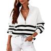 imageBTFBM Striped Quarter Zip Sweater Women Fall Outfits Winter Clothing V Neck Long Sleeve Knit Collared Sweaters PulloverStriped White