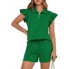 imageBTFBM Womens 2 Piece Outfits Spring Sweatsuit Zipper V Neck Casual Ruffle Cap Sleeve Tops Drawstring Shorts Lounge SetsGreen