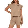 imageBTFBM Womens 2 Piece Outfits Spring Sweatsuit Zipper V Neck Casual Ruffle Cap Sleeve Tops Drawstring Shorts Lounge SetsLight Khaki