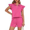 imageBTFBM Womens 2 Piece Outfits Spring Sweatsuit Zipper V Neck Casual Ruffle Cap Sleeve Tops Drawstring Shorts Lounge SetsRose Red