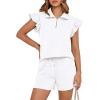 imageBTFBM Womens 2 Piece Outfits Spring Sweatsuit Zipper V Neck Casual Ruffle Cap Sleeve Tops Drawstring Shorts Lounge SetsWhite