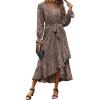 imageBTFBM Womens Dresses Spring Clothes 2026 V Neck Floral High Waist Ruffle Wedding Guest Cocktail Boho Long Sleeve DressLeopard Dot Light Khaki