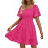 imageBTFBM Womens Summer Smocked Mini Dress Spring Square Neck Flutter Sleeve Casual Ruffle Swing Boho Beach Dresses PocketsRose Red