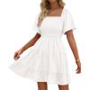 imageBTFBM Womens Summer Smocked Mini Dress Spring Square Neck Flutter Sleeve Casual Ruffle Swing Boho Beach Dresses PocketsWhite