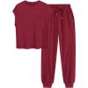 imageBTFBM Womens Two Piece Tracksuit Outfits Summer Short Sleeve Tops Long Pants Jogger Lounge Matching Sets SweatsuitWine Red