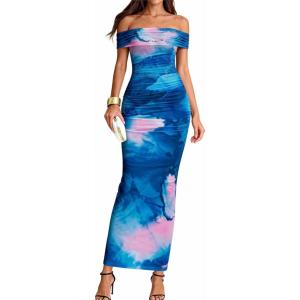 imageBTFBM Cocktail Dresses for Women 2026 Elegant Classy Off Shoulder Bodycon Mesh Slit Floral Maxi Spring Summer DressFloral Dark Blue