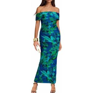 imageBTFBM Cocktail Dresses for Women 2026 Elegant Classy Off Shoulder Bodycon Mesh Slit Floral Maxi Spring Summer DressFloral Green