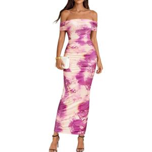 imageBTFBM Cocktail Dresses for Women 2026 Elegant Classy Off Shoulder Bodycon Mesh Slit Floral Maxi Spring Summer DressFloral Purple