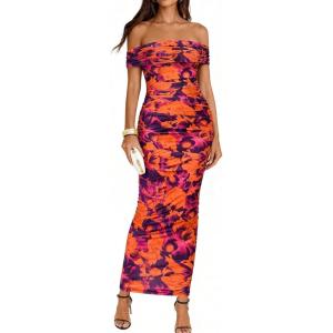 imageBTFBM Cocktail Dresses for Women 2026 Elegant Classy Off Shoulder Bodycon Mesh Slit Floral Maxi Spring Summer DressFloral Purple Orange