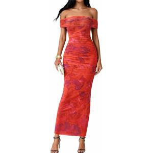 imageBTFBM Cocktail Dresses for Women 2026 Elegant Classy Off Shoulder Bodycon Mesh Slit Floral Maxi Spring Summer DressFloral Rust Red