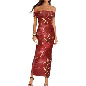 imageBTFBM Cocktail Dresses for Women 2026 Elegant Classy Off Shoulder Bodycon Mesh Slit Floral Maxi Spring Summer DressFloral Wine Red