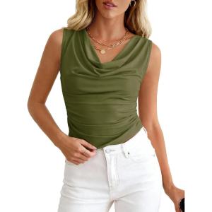 imageBTFBM Cowl Neck Tank Tops for Women 2026 Spring Summer Sleeveless Dressy Blouses Business Casual Outfits Going Out TopArmy Green