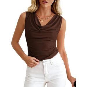 imageBTFBM Cowl Neck Tank Tops for Women 2026 Spring Summer Sleeveless Dressy Blouses Business Casual Outfits Going Out TopBrown