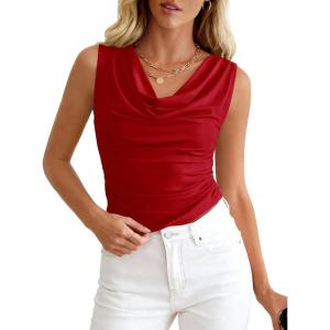 imageBTFBM Cowl Neck Tank Tops for Women 2026 Spring Summer Sleeveless Dressy Blouses Business Casual Outfits Going Out TopRed