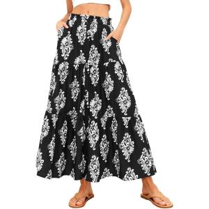 imageBTFBM Long Skirts for Women Summer 2026 Elastic High Waist Flowy A Line Casual Boho Tiered Floral Maxi Skirt PocketsBlack White Flower