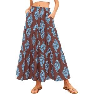 imageBTFBM Long Skirts for Women Summer 2026 Elastic High Waist Flowy A Line Casual Boho Tiered Floral Maxi Skirt PocketsBrown Light Blue Flower