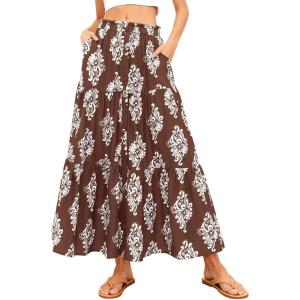 imageBTFBM Long Skirts for Women Summer 2026 Elastic High Waist Flowy A Line Casual Boho Tiered Floral Maxi Skirt PocketsBrown White Flower