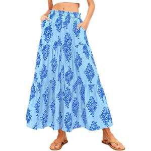 imageBTFBM Long Skirts for Women Summer 2026 Elastic High Waist Flowy A Line Casual Boho Tiered Floral Maxi Skirt PocketsLight Blue Blue Flower