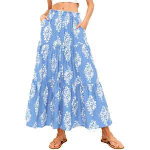 imageBTFBM Long Skirts for Women Summer 2026 Elastic High Waist Flowy A Line Casual Boho Tiered Floral Maxi Skirt PocketsLight Blue White Flower