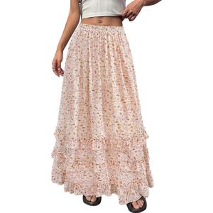 imageBTFBM Skirts for Women Summer Flowy ALine Floral Boho Maxi Skirt Long Wedding Guest Dresses Spring Outfits 2026Floral Apricot Pink