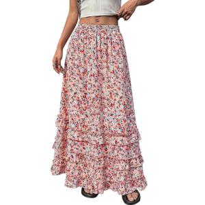 imageBTFBM Skirts for Women Summer Flowy ALine Floral Boho Maxi Skirt Long Wedding Guest Dresses Spring Outfits 2026Floral Pink
