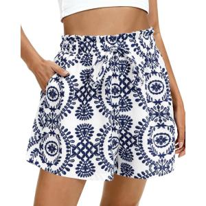 imageBTFBM Spring Summer Shorts for Women Dressy Casual High Waisted Wide Leg Floral Boho Shorts 2026 Beach Vacation ClothesNavy Blue