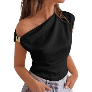 imageBTFBM Spring Tops for Women Trendy Off The Shoulder Top Sleeveless Ruched Going Out Solid Tank Blouses Fashion ClothingBlack