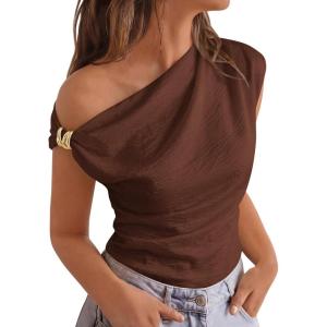 imageBTFBM Spring Tops for Women Trendy Off The Shoulder Top Sleeveless Ruched Going Out Solid Tank Blouses Fashion ClothingBrown