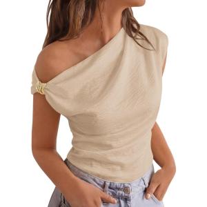 imageBTFBM Spring Tops for Women Trendy Off The Shoulder Top Sleeveless Ruched Going Out Solid Tank Blouses Fashion ClothingLight Khaki