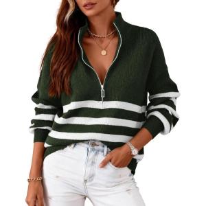imageBTFBM Striped Quarter Zip Sweater Women Fall Outfits Winter Clothing V Neck Long Sleeve Knit Collared Sweaters PulloverStriped Army Green