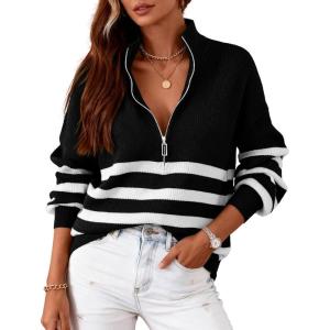 imageBTFBM Striped Quarter Zip Sweater Women Fall Outfits Winter Clothing V Neck Long Sleeve Knit Collared Sweaters PulloverStriped Black