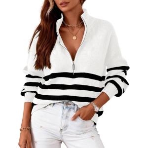imageBTFBM Striped Quarter Zip Sweater Women Fall Outfits Winter Clothing V Neck Long Sleeve Knit Collared Sweaters PulloverStriped White