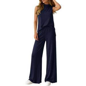 imageBTFBM Summer 2 Piece Lounge Sets For Women Sleeveless Mock Neck Top Wide Leg Pants Spring Vacation Airport Travel OutfitsNavy Blue