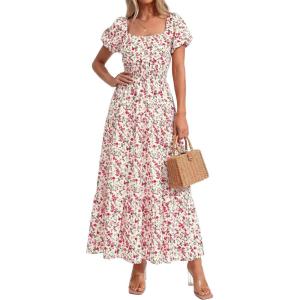 imageBTFBM Summer Dress for Women 2026 Spring Floral Short Sleeve Square Neck Casual Flowy ALine Smocked Tiered Maxi DressesFloral Apricot Red