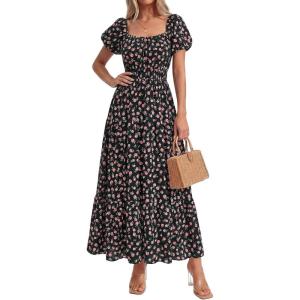 imageBTFBM Summer Dress for Women 2026 Spring Floral Short Sleeve Square Neck Casual Flowy ALine Smocked Tiered Maxi DressesFloral Black Pink