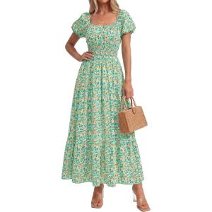 imageBTFBM Summer Dress for Women 2026 Spring Floral Short Sleeve Square Neck Casual Flowy ALine Smocked Tiered Maxi DressesFloral Green