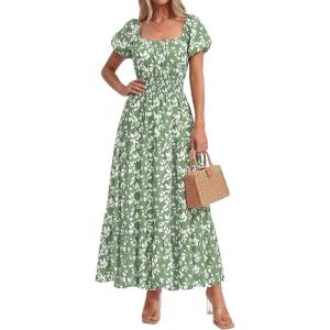 imageBTFBM Summer Dress for Women 2026 Spring Floral Short Sleeve Square Neck Casual Flowy ALine Smocked Tiered Maxi DressesFloral Green White