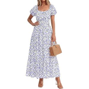 imageBTFBM Summer Dress for Women 2026 Spring Floral Short Sleeve Square Neck Casual Flowy ALine Smocked Tiered Maxi DressesFloral White Blue
