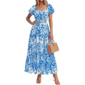 imageBTFBM Summer Dress for Women 2026 Spring Floral Short Sleeve Square Neck Casual Flowy ALine Smocked Tiered Maxi DressesLeaf Blue