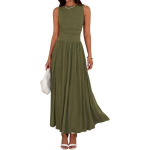 imageBTFBM Summer Maxi Dresses for Women 2026 Spring Sleeveless Casual Ruched High Waisted Long Sundress Flowy Beach DressArmy Green
