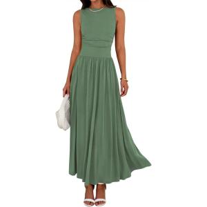 imageBTFBM Summer Maxi Dresses for Women 2026 Spring Sleeveless Casual Ruched High Waisted Long Sundress Flowy Beach DressBean Green