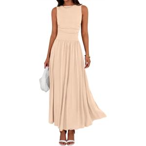 imageBTFBM Summer Maxi Dresses for Women 2026 Spring Sleeveless Casual Ruched High Waisted Long Sundress Flowy Beach DressBeige